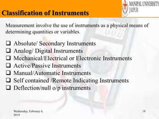 Classification of Instruments
Wednesday, February 6,
2019
18
Measurement involve the use of instruments as a physical means of
determining quantities or variables.
 Absolute/ Secondary Instruments
 Analog/ Digital Instruments
 Mechanical/Electrical or Electronic Instruments
 Active/Passive Instruments
 Manual/Automatic Instruments
 Self contained /Remote Indicating Instruments
 Deflection/null o/p instruments
 