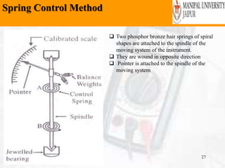 Spring Control Method
Wednesday, February 6,
2019
27
 Two phosphor bronze hair springs of spiral
shapes are attached to the spindle of the
moving system of the instrument.
 They are wound in opposite direction
 Pointer is attached to the spindle of the
moving system
 