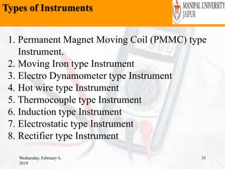 Types of Instruments
Wednesday, February 6,
2019
35
1. Permanent Magnet Moving Coil (PMMC) type
Instrument.
2. Moving Iron type Instrument
3. Electro Dynamometer type Instrument
4. Hot wire type Instrument
5. Thermocouple type Instrument
6. Induction type Instrument
7. Electrostatic type Instrument
8. Rectifier type Instrument
 