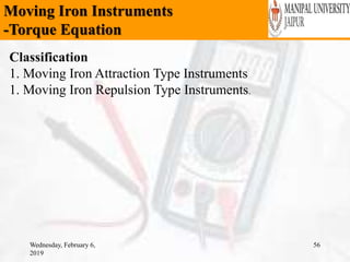 Moving Iron Instruments
-Torque Equation
Wednesday, February 6,
2019
56
Classification
1. Moving Iron Attraction Type Instruments
1. Moving Iron Repulsion Type Instruments.
 