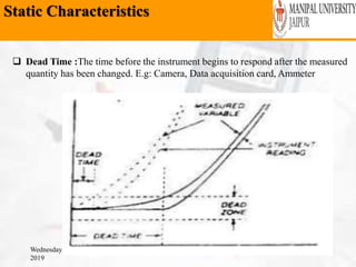 Static Characteristics
Wednesday, February 6,
2019
 Dead Time :The time before the instrument begins to respond after the measured
quantity has been changed. E.g: Camera, Data acquisition card, Ammeter
 