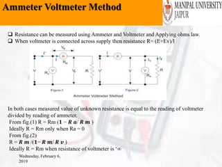 Ammeter Voltmeter Method
Wednesday, February 6,
2019
 Resistance can be measured using Ammeter and Voltmeter and Applying ohms law.
 When voltmeter is connected across supply then resistance R= (E+Ev)/I
In both cases measured value of unknown resistance is equal to the reading of voltmeter
divided by reading of ammeter.
From fig.(1) R = Rm (𝟏 − 𝑹 𝒂/ 𝑹 𝒎 )
Ideally R = Rm only when Ra = 0
From fig.(2)
R = 𝑹 𝒎 /(𝟏− 𝑹 𝒎/ 𝑹 𝒗 )
Ideally R = Rm when resistance of voltmeter is ‘∞
 