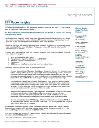 SALES & TRADING COMMENTARY ONLY (NOT A PRODUCT OF RESEARCH)
FOR INSTITUTIONAL CLIENTS ONLY DISTRIBUTION




June 6, 2012

ETF Macro Insights
ETF Macro Insights highlights MS’ MultiAsset research views, as well the ETFs that may be
                                                                                                                Morgan Stanley
used to implement the investment strategy.
                                                                                                                Global Portfolio
MS Research raises probability of Greece exit from 25% to 35%. If Greece exits, strong                          Products
contagion may follow.
                                                                                                                European ETFs
• While a eurozone breakup is not MS’ base case, MS research believes the ramifications of a Greek              Jason Warr
                                                                                                                +44 20 7425-6361
  exit are more serious than the market anticipates. MS research increased the probability of an exit
  from 25% to 35% and reduced the timescale from 5 years to 12-18 months.                                       Philip Philippides
                                                                                                                +44 20 7677-2819
• Should an exit occur, MS research believes it would most likely be followed by contagion with those
  most materially affected being Italy, Spain, Portugal, and Ireland. MS research believes policy               Karin Russell
                                                                                                                +44 20 7677-8972
  response would be essential.
                                                                                                                Dorcas Phillips
• Five key policy responses that could limit a resulting escalation of the crisis and make the Eurozone         +44 20 7677-8652
  more stable in the long term:
                                                                                                                US ETFs
     1.     More aggressive ECB policy action                                                                   Sanjay Chablaney
                                                                                                                +1 212 761-5369
     2.     Recapitalization of peripheral banks via the EFSF/ESM
     3.     A Federal Deposit Guarantee scheme
                                                                                                                John Davi
     4.     Fiscal union                                                                                        1 212 761-5980
     5.     ECB becomes the official lender of last resort for a federal Europe
                                                                                                                Asian ETFs
• Below are select MS research views on the Greece situation.                                                   William Tsang
                                                                                                                +852 2848-8867
     •     Huw van Steenis (Head of European Banks Equity Research). Remains very focused on risks              Steve King
           to bank funding, with the chance of deposit flights from weaker to stronger banks. He remains        +852 2848-6772
           concerned not only of the intense credit squeeze in Spain and the periphery, but also that
           banks are severely cutting back their cross-border lending with implications for Eastern Europe,     James Meenan
           UK and Asia. The need for further bank recaps is putting more pressure on sovereigns.                +852 3963-3297


     •     Laurence Mutkin (Global Head of Interest Rate Strategy). Stay away from outright duration            Subscribe | Unsubscribe
           trades during the current environment. However, there are alot of value to be extracted from
           positioning along the various sovereign yield curves. In the core German and swap markets,
           we expect 2s10s to flatten and 10s30s to steepen, with 2-year yields anchored close to zero,
           and 30-year yields susceptible to a dilution of German credit.

     •     Andrew Sheets (Head of European Credit Research). If Greece were to exit, the GBP market
           would look most attractive. A friendly Central Bank, a currency it can control, and a
           government apparatus that can react quickly, UK credit and UK RMBS have much less
           downside in a divorce scenario, while offering similar spreads under more benign cases.

     •     Hans Redeker (Global Head of FX Strategy). Maintains his bearish euro forecast of 1.15. In
           an ‘Italian Marriage’ scenario, the euro could trade in the 1.15-1.30 range for the next couple of
           years, before falling to 0.90 thereafter.

If Greece were to exit and contagion follows, safe haven assets are likely to rally. Below is a list of
Treasury, Equity Volatility, USD, Yen, Low Volatility, Market Neutral, Dividend, and Gold ETFs. We
show each ETF’s performance relative to the S&P500 in May.

In the month of May, long duration US Treasury, Equity Volatility, and select Market Neutral Strategies
outperformed the S&P500 (see table below).
1 Refer to the European Economics & Strategy report, 24-May-2012.



All Returns below computed in USD. ETF Returns are NAV Returns from 30th April 2012 to 31st May 2012.
 
