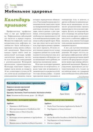 6

Газета ЕМИАС
Ноябрь, (22)

Мобильное здоровье

Календарь
прививок
Профилактика, профилактика и еще раз профилактика. Инфекционных заболеваний
это касается в первую очередь.
Множество инфекций, таких как
натуральная оспа, дифтерия, полиомиелит были побеждены с
приходом в нашу жизнь глобальной вакцинации. Практически
каждая страна имеет свой национальный календарь профилактических прививок, частично или полностью совпадающий
с рекомендациями Всемирной
организации здравоохранения.
Календарь охватывает период с
первых часов жизни до возраста
14 лет, в некоторых случаях до 55
лет, в нем так же указываются рекомендованные вакцины, список

которых периодически обновляется. Участковый педиатр вместе с
эпидемиологом тщательно следят
за своевременной вакцинацией подопечных согласно этому календарю, занося данные о дате прививки, используемом препарате,
особенностях переносимости той
или иной вакцины на первые страницы в амбулаторной карте. Пока
еще при смене места жительства
или утере карты данные о прививках могут пропасть. В силах ответственного родителя не только
сохранить данные и в случае необходимости пользоваться ими, но и
контролировать соблюдение плана вакцинации своего ребенка, не
пропуская положенные сроки.
Отдельно календари прививок
практически не встречаются, гораздо чаще они встраиваются в
дневники роста и развития детей,
что тоже весьма удобно – в одном
приложении можно указывать и

температуру тела, и аппетит, и
другие особенности поведения ребенка после вакцинации, что позволит ретроспективно оценить
переносимость того или иного препарата. Кстати, на очередном визите к педиатру эти данные будут
очень полезны врачу для написания отчета о побочных эффектах
вакцины, ведь именно благодаря
этим данным вакцины постоянно
совершенствуются.
А вот для путешественников
создан ряд приложений с рекомендациями. Не секрет, что есть характерные инфекционные заболевания для разных регионов нашей
планеты. И предупредить их развитие можно при помоща заблаговременной вакцинации. Правда, к
сожалению, приложения для путешественников есть только на
английском языке, но словарный
запас необходим очень небольшой.
Текст подготовила
Александра Прасолова

Как выбрать подходящее приложение?
Запросы в магазине приложений

(AppStore или GooglePlay):
Прививки, Vaccination, Travel vaccination, Vaccination schedule.
Цена: большинство бесплатные, редко – 33–199 руб.

Приложения с календарями прививок:

Приложения для путешественников:

AppStore:

AppStore:

•	 Прививки от Kirill Smirnov

•	 Healix Travel Vaccination Application by Healix IT

•	 iBorn (русская версия) от GimMedicine LLC

•	 Trip Organizer от Europ Assistance

•	 Мамина книга от Dmytri Gayenko
GooglePlay:

GooglePlay:

•	 Календарь детских прививок от App Syndicate

•	 Vaccine Record for Travellers от Dr Deb The Travel Doctor

Publisher
•	 Мамина книга от familion.ru (Dmytri Gayenko)

•	 Trip Organizer от Europ Assistance
•	 iVaccine от JaguArt

 