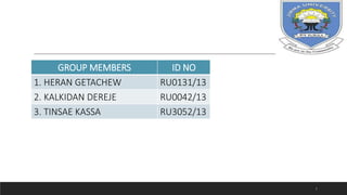 GROUP MEMBERS ID NO
1. HERAN GETACHEW RU0131/13
2. KALKIDAN DEREJE RU0042/13
3. TINSAE KASSA RU3052/13
2
 