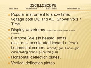 OSCILLOSCOPE
SARIB MALIK SULEMAN SAEED MUNEEB HASSAN HASSAN NAWAZISH
 Popular instrument to show time,
voltage both DC and AC. Shows Volts /
Time.
 Display waveforms. Spectrum scope shows volts to
Frequency
 Cathode (-ve ) is heated, emits
electrons, accelerated toward a (+ve)
fluorescent screen. Intensity grid, Focus grid,
Accelerating anode. (Electron gun)
 Horizontal deflection plates.
 Vertical deflection plates 1
 