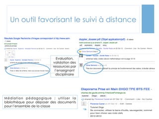Un outil favorisant le suivi à distance

Evaluation,
validation des
ressources par
l’enseignant
disciplinaire

Médiation pédagogique : utiliser la
bibliothèque pour déposer des documents
pour l’ensemble de la classe

 