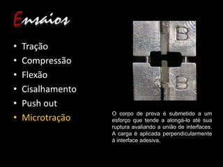 • Tração
• Compressão
• Flexão
• Cisalhamento
• Push out
• Microtração
O corpo de prova é submetido a um
esforço que tende a alongá-lo até sua
ruptura avaliando a união de interfaces.
A carga é aplicada perpendicularmente
à interface adesiva.
 