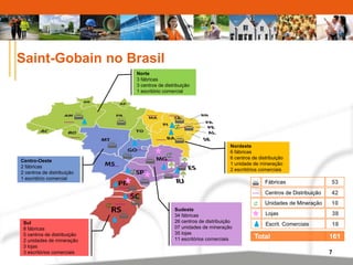 Lojas 38 
Escrit. Comerciais 18 
7 
Fábricas 
Centros de Distribuição 
 
 
53 
42 
 Unidades de Mineração 10 
Total 161 
 
 
Norte 
3 fábricas 
3 centros de distribuição 
1 escritório comercial 
  
 
 
 
 
 
 
 
 
 
 
 
 
 
 
 
 
 
 
 
 
 
 
 
 
 
 
 
Nordeste 
6 fábricas 
6 centros de distribuição 
1 unidade de mineração 
2 escritórios comerciais 
Sudeste 
34 fábricas 
26 centros de distribuição 
07 unidades de mineração 
35 lojas 
11 escritórios comerciais 
Centro-Oeste 
2 fábricas 
2 centros de distribuição 
1 escritório comercial 
Sul 
8 fábricas 
5 centros de distribuição 
2 unidades de mineração 
3 lojas 
3 escritórios comerciais 
 
 
Saint-Gobain no Brasil 
 