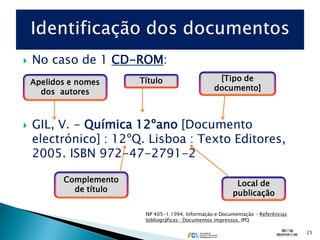   No caso de 1 CD-ROM:
    Apelidos e nomes     Título                      [Tipo de
      dos autores                                   documento]



   GIL, V. - Química 12ºano [Documento
    electrónico] : 12ºQ. Lisboa : Texto Editores,
    2005. ISBN 972-47-2791-2

           Complemento                                      Local de
             de título                                     publicação

                          NP 405-1.1994, Informação e Documentação – Referências
                          bibliográficas : Documentos impressos. IPQ

                                                                                   25
 