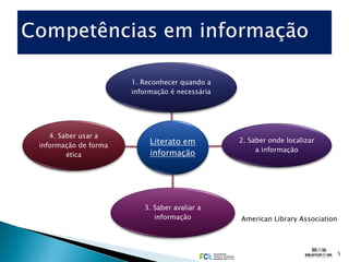 1. Reconhecer quando a
                      informação é necessária




   4. Saber usar a
informação de forma        Literato em          2. Saber onde localizar
                                                     a informação
        ética              informação




                         3. Saber avaliar a
                            informação          American Library Association




                                                                               5
 