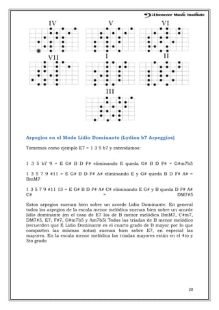 20
Arpegios en el Modo Lidio Dominante (Lydian b7 Arpeggios)
Tomemos como ejemplo E7 = 1 3 5 b7 y extendamos:
1 3 5 b7 9 = E G# B D F# eliminando E queda G# B D F# = G#m7b5
1 3 5 7 9 #11 = E G# B D F# A# eliminando E y G# queda B D F# A# =
BmM7
1 3 5 7 9 #11 13 = E G# B D F# A# C# eliminando E G# y B queda D F# A#
C# = DM7#5
Estos arpegios suenan bien sobre un acorde Lidio Dominante. En general
todos los arpegios de la escala menor melódica suenan bien sobre un acorde
lidio dominante (en el caso de E7 los de B menor melódica BmM7, C#m7,
DM7#5, E7, F#7, G#m7b5 y Am7b5) Todas las triadas de B menor melódico
(recuerden que E Lidio Dominante es el cuarto grado de B mayor por lo que
comparten las mismas notas) suenan bien sobre E7, en especial las
mayores. En la escala menor melódica las triadas mayores están en el 4to y
5to grado
 