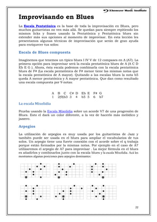 22
Improvisando en Blues
La Escala Pentatónica es la base de toda la improvisación en Blues, pero
muchos guitarristas no ven más allá. Se quedan para siempre repitiendo los
mismos licks y frases usando la Pentatónica y Pentatónica blues sin
extender más sus opciones al momento de improvisar. En esta lección les
presentamos algunas técnicas de improvisación que serán de gran ayuda
para enriquecer tus solos:
Escala de Blues compuesta
Imaginemos que tenemos un típico blues I IV V de 12 compases en A (A7). La
primera opción para improvisar será la escala pentatónica blues de A (A C D
Eb E G ). Ahora, ésta escala podemos combinarla con la escala pentatónica
blues de F# (La escala pentatónica de F# menor tiene las mismas notas que
la escala pentatónica de A mayor). Quitando a las escalas blues la nota b5
queda A menor pentatónica y A mayor pentatónica. Que dan como resultado
una escala compuesta por 9 notas:
A B C C# D Eb E F# G
1 2(9)b3 3 4 b5 5 6 b7
La escala Mixolidia
Prueba usando la Escala Mixolidia sobre un acorde V7 de una progresión de
Blues. Esto el dará un color diferente, a la vez de hacerlo más melódico y
jazzero.
Arpegios
La utilización de arpegios es muy usada por los guitarristas de Jazz y
también puede ser usada en el blues para ampliar el vocabularios de tus
solos. Un arpegio tiene una fuerte conexión con el acorde sobre el q trabaja
porque están formados por la mismas notas. Por ejemplo en el caso de A7
utilizaremos el arpegio de A7 para improvisar . La mejor fórmula en el blues
es añadirlos y combinarlos junto con la escala blues y la escala Mixolidia. Acá les
mostramos algunas posiciones para arpegios dominantes:
 