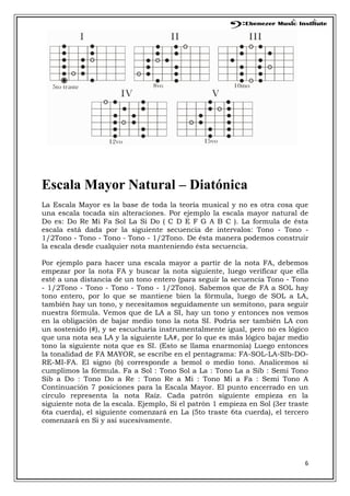 6
Escala Mayor Natural – Diatónica
La Escala Mayor es la base de toda la teoría musical y no es otra cosa que
una escala tocada sin alteraciones. Por ejemplo la escala mayor natural de
Do es: Do Re Mi Fa Sol La Si Do ( C D E F G A B C ). La formula de ésta
escala está dada por la siguiente secuencia de intervalos: Tono - Tono -
1/2Tono - Tono - Tono - Tono - 1/2Tono. De ésta manera podemos construir
la escala desde cualquier nota manteniendo ésta secuencia.
Por ejemplo para hacer una escala mayor a partir de la nota FA, debemos
empezar por la nota FA y buscar la nota siguiente, luego verificar que ella
esté a una distancia de un tono entero (para seguir la secuencia Tono - Tono
- 1/2Tono - Tono - Tono - Tono - 1/2Tono). Sabemos que de FA a SOL hay
tono entero, por lo que se mantiene bien la fórmula, luego de SOL a LA,
también hay un tono, y necesitamos seguidamente un semitono, para seguir
nuestra fórmula. Vemos que de LA a SI, hay un tono y entonces nos vemos
en la obligación de bajar medio tono la nota SI. Podría ser también LA con
un sostenido (#), y se escucharía instrumentalmente igual, pero no es lógico
que una nota sea LA y la siguiente LA#, por lo que es más lógico bajar medio
tono la siguiente nota que es SI. (Esto se llama enarmonía) Luego entonces
la tonalidad de FA MAYOR, se escribe en el pentagrama: FA-SOL-LA-SIb-DO-
RE-MI-FA. El signo (b) corresponde a bemol o medio tono. Analicemos si
cumplimos la fórmula. Fa a Sol : Tono Sol a La : Tono La a Sib : Semi Tono
Sib a Do : Tono Do a Re : Tono Re a Mi : Tono Mi a Fa : Semi Tono A
Continuación 7 posiciones para la Escala Mayor. El punto encerrado en un
círculo representa la nota Raíz. Cada patrón siguiente empieza en la
siguiente nota de la escala. Ejemplo, Si el patrón 1 empieza en Sol (3er traste
6ta cuerda), el siguiente comenzará en La (5to traste 6ta cuerda), el tercero
comenzará en Si y así sucesivamente.
 