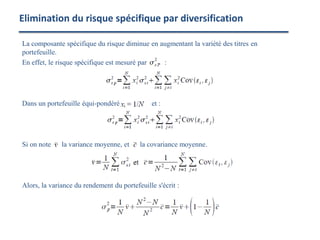 La composante spécifique du risque diminue en augmentant la variété des titres en
portefeuille.
En effet, le risque spécifique est mesuré par :
Dans un portefeuille équi-pondéré, et :
Si on note la variance moyenne, et la covariance moyenne.
Alors, la variance du rendement du portefeuille s'écrit :
Elimination du risque spécifique par diversification
 
