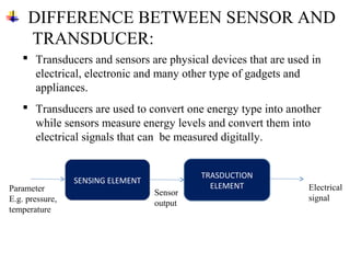 DIFFERENCE BETWEEN SENSOR AND
TRANSDUCER:
SENSING ELEMENT
TRASDUCTION
ELEMENTParameter
E.g. pressure,
temperature
Electrical
signal
Sensor
output
 Transducers and sensors are physical devices that are used in
electrical, electronic and many other type of gadgets and
appliances.
 Transducers are used to convert one energy type into another
while sensors measure energy levels and convert them into
electrical signals that can be measured digitally.
 