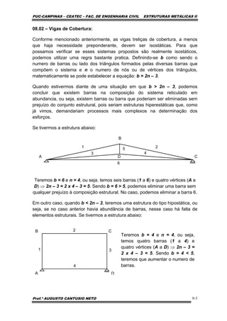 PUC-CAMPINAS – CEATEC – FAC. DE ENGENHARIA CIVIL ESTRUTURAS METÁLICAS II
Prof.º AUGUSTO CANTUSIO NETO 8-3
08.02 – Vigas de Cobertura:
Conforme mencionado anteriormente, as vigas treliças de cobertura, a menos
que haja necessidade preponderante, devem ser isostáticas. Para que
possamos verificar se esses sistemas propostos são realmente isostáticos,
podemos utilizar uma regra bastante pratica. Definindo-se b como sendo o
numero de barras ou lado dos triângulos formados pelas diversas barras que
compõem o sistema e n o numero de nós ou de vértices dos triângulos,
matematicamente se pode estabelecer a equação: b = 2n – 3.
Quando estivermos diante de uma situação em que b > 2n – 3, podemos
concluir que existem barras na composição do sistema reticulado em
abundancia, ou seja, existem barras ou barra que poderiam ser eliminadas sem
prejuízo do conjunto estrutural, pois seriam estruturas hiperestáticas que, como
já vimos, demandariam processos mais complexos na determinação dos
esforços.
Se tivermos a estrutura abaixo:
A C
B
D
1 25
6
3 4
Teremos b = 6 e n = 4, ou seja, temos seis barras (1 a 6) e quatro vértices (A a
D) ⇒ 2n – 3 = 2 x 4 – 3 = 5. Sendo b = 6 > 5, podemos eliminar uma barra sem
qualquer prejuízo à composição estrutural. No caso, podemos eliminar a barra 6.
Em outro caso, quando b < 2n – 3, teremos uma estrutura do tipo hipostática, ou
seja, se no caso anterior havia abundância de barras, nesse caso há falta de
elementos estruturais. Se tivermos a estrutura abaixo:
DA
CB
1
2
3
4
Teremos b = 4 e n = 4, ou seja,
temos quatro barras (1 a 4) e
quatro vértices (A a D) ⇒ 2n – 3 =
2 x 4 – 3 = 5. Sendo b = 4 < 5,
teremos que aumentar o numero de
barras.
 