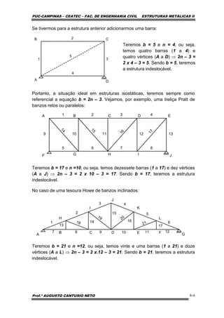 PUC-CAMPINAS – CEATEC – FAC. DE ENGENHARIA CIVIL ESTRUTURAS METÁLICAS II
Prof.º AUGUSTO CANTUSIO NETO 8-4
Se tivermos para a estrutura anterior adicionarmos uma barra:
DA
CB
1
2
3
4
5
Portanto, a situação ideal em estruturas isostáticas, teremos sempre como
referencial a equação b = 2n – 3. Vejamos, por exemplo, uma treliça Pratt de
banzos retos ou paralelos:
JF
A EDCB
IHG
1 2 3 4
5 6 7 8
9 10 11 12 13
14
15
16
17
Teremos b = 17 e n =10, ou seja, temos dezessete barras (1 a 17) e dez vértices
(A a J) ⇒ 2n – 3 = 2 x 10 – 3 = 17. Sendo b = 17, teremos a estrutura
indeslocável.
No caso de uma tesoura Howe de banzos inclinados:
GA EDC FB
LH
KI
J
1
2
3 4
5
6
7 8 9 10 11 12
13
14
15
16
17
18
19 20
21
Teremos b = 21 e n =12, ou seja, temos vinte e uma barras (1 a 21) e doze
vértices (A a L) ⇒ 2n – 3 = 2 x.12 – 3 = 21. Sendo b = 21, teremos a estrutura
indeslocável.
Teremos b = 5 e n = 4, ou seja,
temos quatro barras (1 a 4) e
quatro vértices (A a D) ⇒ 2n – 3 =
2 x 4 – 3 = 5. Sendo b = 5, teremos
a estrutura indeslocável.
 