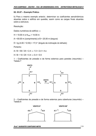 PUC-CAMPINAS – CEATEC – FAC. DE ENGENHARIA CIVIL ESTRUTURAS METÁLICAS II
Prof.º AUGUSTO CANTUSIO NETO 2.20
02. 03.07 – Exemplo Prático
b) Para o mesmo exemplo anterior, determinar os coeficientes aerodinâmicos
atuantes sobre o edifício em questão, assim como as cargas finais atuantes
sobre a estrutura.
Resolução:
Dados numéricos do edifício ⇒
H = 10.00 m e Htotal = 14.00 m
A = 60.00 m (comprimento) e B = 25.00 m (largura)
θ = tg (4.00 / 12.50) = 17,5 º (ângulo de inclinação do telhado)
Portanto:
A / B = 60 / 25 = 2.4 ⇒ 1.5 < 2.4 < 4 e
H / B = 10 / 25 = 0.4 ⇒ 0.4 < 0.5
1 – Coeficientes de pressão e de forma externos para paredes (resumido) –
Tabela 7
0°
90°
A B
C
D
A B
C
D
-0.8 -0.8
+0.7
-0.3
VENTO
VENTO
+0.7 -0.5
-0.9
-0.9
2 – Coeficientes de pressão e de forma externos para coberturas (resumido) –
Tabela 8
-0.8-0.8
VENTO 0°
-0.4-0.7
VENTO 90°
 