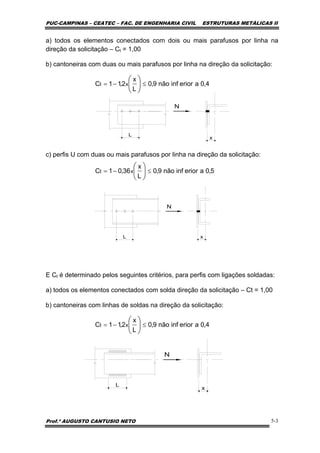 PUC-CAMPINAS – CEATEC – FAC. DE ENGENHARIA CIVIL ESTRUTURAS METÁLICAS II
Prof.º AUGUSTO CANTUSIO NETO 5-3
4,0aeriorinfnão9,0
L
x
2,11C xt ≤−= ⎟
⎠
⎞
⎜
⎝
⎛
5,0aeriorinfnão9,0
L
x
36,01C xt ≤−= ⎟
⎠
⎞
⎜
⎝
⎛
4,0aeriorinfnão9,0
L
x
2,11C xt ≤−= ⎟
⎠
⎞
⎜
⎝
⎛
a) todos os elementos conectados com dois ou mais parafusos por linha na
direção da solicitação – Ct = 1,00
b) cantoneiras com duas ou mais parafusos por linha na direção da solicitação:
c) perfis U com duas ou mais parafusos por linha na direção da solicitação:
E Ct é determinado pelos seguintes critérios, para perfis com ligações soldadas:
a) todos os elementos conectados com solda direção da solicitação – Ct = 1,00
b) cantoneiras com linhas de soldas na direção da solicitação:
 