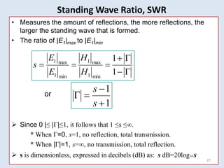 • Measures the amount of reflections, the more reflections, the
larger the standing wave that is formed.
• The ratio of |E1|max to |E1|min
or
 Since 0 |≤ |Γ|≤1, it follows that 1 ≤s ≤∞.
* When Γ=0, s=1, no reflection, total transmission.
* When |Γ|=1, s=∞, no transmission, total reflection.
 s is dimensionless, expressed in decibels (dB) as: s dB=20log10 s
27







1
1
min
1
max
1
min
1
max
1
H
H
E
E
s
1
1




s
s
Standing Wave Ratio, SWR
 