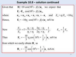29
8
1 x
8
1 i
1
Given that =10 cos(10 t ) we expect that
= cos(10 t )
where and = =10
Hence, = 10 cos(
i
i io E
Ei Hi ki x z y io io o
i o
z
z
E H


 



     

H a
E E a
a a a a a a
E 8
1
2 1
2 1
8
r
10 t ) mV/m
2 1 1
Now = = ,
2 3 3
10 1
Thus cos 10 t + mV/m
3 3
from which we easily obtain as
y
ro o o
ro io
io o o
r o y
z
E
E E
E
z

 
 
   




   
 
 
   
 
a
E a
H
8
10 1
cos 10 t + mA/m
3 3
r x
z
 
   
 
H a
Example 10.8 – solution continued
 