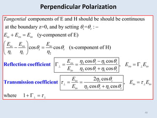48
i
1 1 2
components of E and H should be should be continuous
at the boundary z=0, and by setting = :
(y-component of E)
cos cos (x-component of H)
r
io ro to
io ro to
i t
Tangential
E E E
E E E
 
 
  

 
 
 
 
 
Reflect 2 1
2 1
2
2 1
cos cos
,
cos cos
2 cos
,
cos cos
where 1
ro i t
ro io
io i t
to i
to io
io i t
E
E E
E
E
E E
E
   
   
 
 
   

 
 
 

    

  

  
ion coefficient
Transmission coefficient
Perpendicular Polarization
 