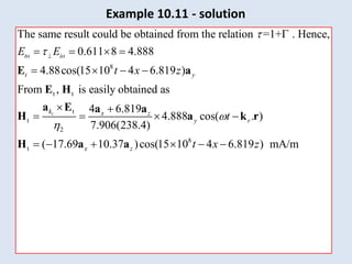 60
8
t t
t
t
2
The same result could be obtained from the relation =1+ . Hence,
0.611 8 4.888
4.88cos(15 10 4 6.819 )
From , is easily obtained as
4 6.819
4.888 cos
7.906(238.4)
t
to io
t y
k x z
y
E E
t x z





   
   
 
  
E a
E H
a E a a
H a
8
t
( . )
( 17.69 10.37 )cos(15 10 4 6.819 ) mA/m
r
x z
t
t x z
 
     
k r
H a a
Example 10.11 - solution
 