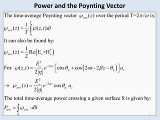  
 
0
0
0
*
s s
2
2
2
2
The time-average Poynting vector ( ) over the period T=2 / is:
1
( ) ( , )
It can also be found by:
1
( ) Re E ×H
2
For ( , ) cos cos 2 - 2
2
( ) cos
2
ave
T
ave
ave
z
z
z
ave
z
z z t dt
T
z
E
z t e t z a
E
z e

 

 
   





  
 
 
   
 
  

The total time-average power crossing a given surface S is given by:
S
z
ave ave
S
a
P d


  

7
Power and the Poynting Vector
 