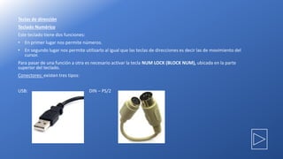 Teclas de dirección
Teclado Numérico
Este teclado tiene dos funciones:
• En primer lugar nos permite números.
• En segundo lugar nos permite utilizarlo al igual que las teclas de direcciones es decir las de movimiento del
cursor.
Para pasar de una función a otra es necesario activar la tecla NUM LOCK (BLOCK NUM), ubicada en la parte
superior del teclado.
Conectores: existen tres tipos:
USB: DIN – PS/2
 
