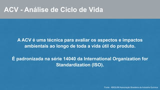 ACV - Análise de Ciclo de Vida 
A ACV é uma técnica para avaliar os aspectos e impactos 
ambientais ao longo de toda a vida útil do produto. 
É padronizada na série 14040 da International Organization for 
Standardization (ISO). 
Fonte: ABIQUIM Associação Brasileira da Indústria Química 
 