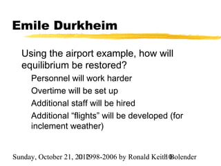 Emile Durkheim

  Using the airport example, how will
  equilibrium be restored?
     Personnel will work harder
     Overtime will be set up
     Additional staff will be hired
     Additional “flights” will be developed (for
     inclement weather)


Sunday, October 21, 2012
                     © 1998-2006 by Ronald Keith Bolender
                                               10
 