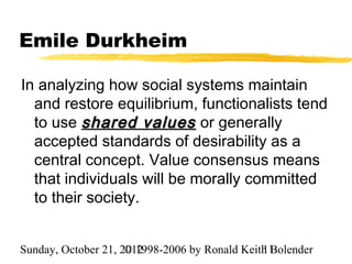 Emile Durkheim

In analyzing how social systems maintain
  and restore equilibrium, functionalists tend
  to use shared values or generally
  accepted standards of desirability as a
  central concept. Value consensus means
  that individuals will be morally committed
  to their society.


Sunday, October 21, 2012
                     © 1998-2006 by Ronald Keith Bolender
                                               11
 