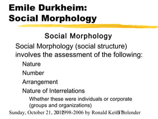 Emile Durkheim:
Social Morphology
            Social Morphology
  Social Morphology (social structure)
  involves the assessment of the following:
     Nature
     Number
     Arrangement
     Nature of Interrelations
        Whether these were individuals or corporate
        (groups and organizations)
Sunday, October 21, 2012
                     © 1998-2006 by Ronald Keith Bolender
                                               37
 