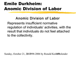 Emile Durkheim:
Anomic Division of Labor

        Anomic Division of Labor
  Represents insufficient normative
  regulation of individuals’ activities, with the
  result that individuals do not feel attached
  to the collectivity.




Sunday, October 21, 2012
                     © 1998-2006 by Ronald Keith Bolender
                                               49
 