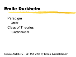 Emile Durkheim

  Paradigm
     Order
  Class of Theories
     Functionalism




Sunday, October 21, 2012
                     © 1998-2006 by Ronald Keith Bolender
                                               5
 