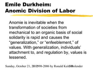 Emile Durkheim:
Anomic Division of Labor

  Anomie is inevitable when the
  transformation of societies from
  mechanical to an organic basis of social
  solidarity is rapid and causes the
  “generalization,” or “enfeeblement,” of
  values. With generalization, individuals’
  attachment to, and regulation by, values is
  lessened.

Sunday, October 21, 2012
                     © 1998-2006 by Ronald Keith Bolender
                                               50
 
