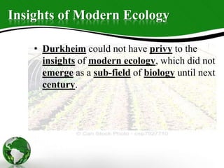 Insights of Modern Ecology
• Durkheim could not have privy to the
insights of modern ecology, which did not
emerge as a sub-field of biology until next
century.
 
