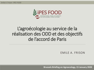 Emile A. Frison– IPES FOOD
Brussels Briefing on Agroecology, 15 January 2020
L’agroécologie au service de la
réalisation des ODD et des objectifs
de l’accord de Paris
EMILE A. FRISON
 