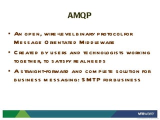 AMQP An open, wire-level binary protocol for  Message Orientated Middleware Created by users and technologists working together, to satisfy real needs A straight-forward and complete solution for business messaging: SMTP for business 