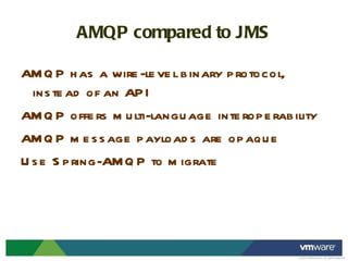 AMQP compared to JMS AMQP has a wire-level binary protocol, instead of an API AMQP offers multi-language interoperability AMQP message payloads are opaque Use Spring-AMQP to migrate 