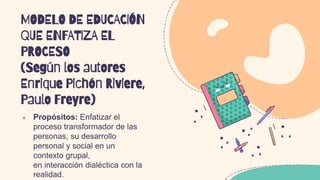 MODELO DE EDUCACIÓN
QUE ENFATIZA EL
PROCESO
(Según los autores
Enrique Pichón Riviere,
Paulo Freyre)
 
