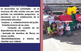 Metodología 
FOTOGRAFIA 
AMPLIADA AL 
RECUADRO ROJO 
Se desarrollan las actividades en el 
trascurso del año escolar uno por cada 
periodo. Las actividades propuestas se 
ejecutaran con la colaboración de la 
comunidad educativa. 
Limpieza y embellecimiento del jardín 
Embellecimiento de las aulas 
- Campaña de cuidado de las 
dependencias de las sedes 
- Jornada de siembra de flores en 
zonas verdes 
-Sensibilizaciones a través de 
charlas con videos 
 