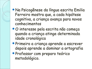 Na Psicogênese da língua escrita Emilia
Ferreiro mostra que, a cada hipótese
cognitiva, a criança avança para novos
conhecimentos
O interesse pela escrita não começa
quando a criança atinge determinada
idade cronológica
Primeiro a criança aprende a escrever
depois aprende a dominar a ortografia
Professor com preparo teórico
metodológico.
 
