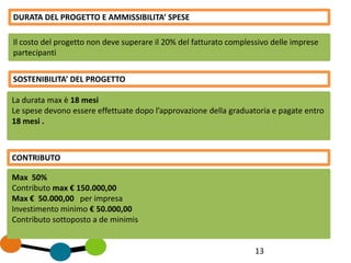 13
SOSTENIBILITA’ DEL PROGETTO
Il costo del progetto non deve superare il 20% del fatturato complessivo delle imprese
partecipanti
DURATA DEL PROGETTO E AMMISSIBILITA’ SPESE
La durata max è 18 mesi
Le spese devono essere effettuate dopo l’approvazione della graduatoria e pagate entro
18 mesi .
CONTRIBUTO
Max 50%
Contributo max € 150.000,00
Max € 50.000,00 per impresa
Investimento minimo € 50.000,00
Contributo sottoposto a de minimis
 