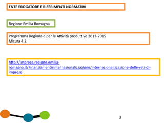 3
ENTE EROGATORE E RIFERIMENTI NORMATIVI
http://imprese.regione.emilia-
romagna.it/Finanziamenti/internazionalizzazione/internazionalizzazione-delle-reti-di-
imprese
Programma Regionale per le Attività produttive 2012-2015
Misura 4.2
Regione Emilia Romagna
 