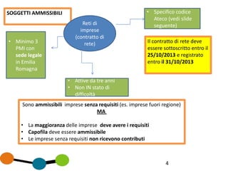 4
SOGGETTI AMMISSIBILI
Sono ammissibili imprese senza requisiti (es. imprese fuori regione)
MA
• La maggioranza delle imprese deve avere i requisiti
• Capofila deve essere ammissibile
• Le imprese senza requisiti non ricevono contributi
Il contratto di rete deve
essere sottoscritto entro il
25/10/2013 e registrato
entro il 31/10/2013
Reti di
imprese
(contratto di
rete)• Minimo 3
PMI con
sede legale
in Emilia
Romagna
• Attive da tre anni
• Non IN stato di
difficoltà
• Specifico codice
Ateco (vedi slide
seguente)
 