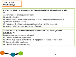 6
SEZIONE M – ATTIVITA’ PROFESSIONALI, SCIENTIFICHE E TECNICHE (divisioni
dalla 69 alla 75)
Sono ammesse solo le seguenti divisioni:
70.2 Attività di consulenza gestionale
71. Attività degli studi di architettura e di ingegneria; collaudi e analisi tecniche
72. Ricerca scientifica e sviluppo
74.1 Attività di design specializzate
SEZIONE J – SERVIZI DI INFORMAZIONE E COMUNICAZIONE (divisioni dalla 58 alla
63)
Sono ammesse solo le seguenti divisioni:
58. Attività editoriali.
59. Attività di produzione cinematografica, di video, e di programmi televisivi, di
registrazioni musicali e sonore.
62. Produzione di software, consulenza informatica e attività connesse.
63. Servizi di informazione e altri servizi informatici
CODICI ATECO
AMMISSIBILI /2
 