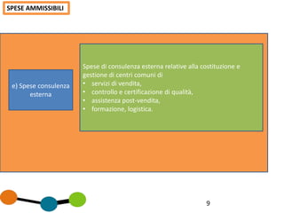 9
SPESE AMMISSIBILI
e) Spese consulenza
esterna
Spese di consulenza esterna relative alla costituzione e
gestione di centri comuni di
• servizi di vendita,
• controllo e certificazione di qualità,
• assistenza post-vendita,
• formazione, logistica.
 