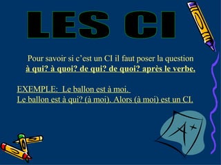 LES CI Pour savoir si c’est un CI il faut poser la question à qui? à quoi? de qui? de quoi? après le verbe. EXEMPLE:  Le ballon est à moi.  Le ballon est à qui? (à moi). Alors (à moi) est un CI. 